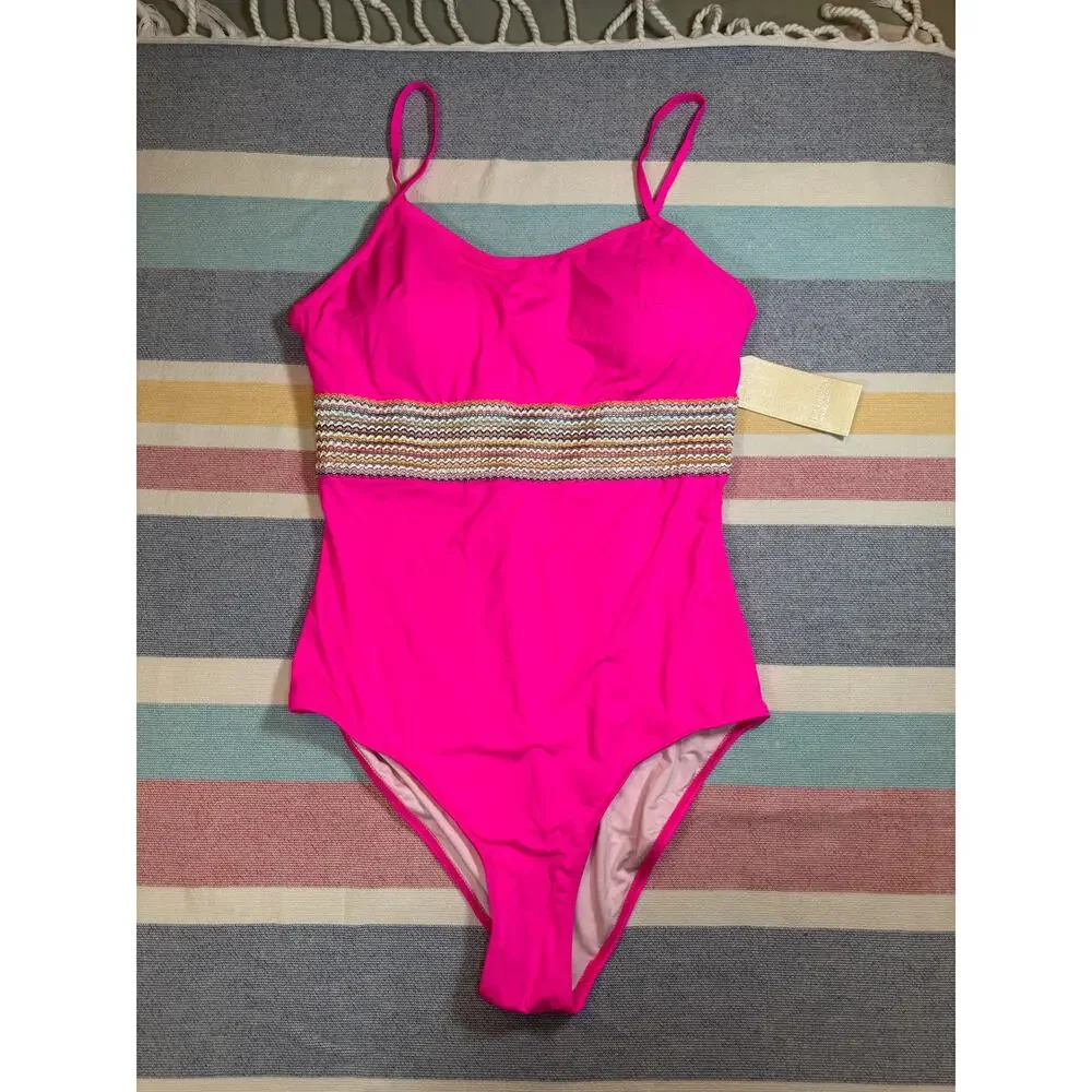 NWT Hot Pink One Piece Swimsuit with Rainbow Smocked Band – Size M - Picture 1 of 6